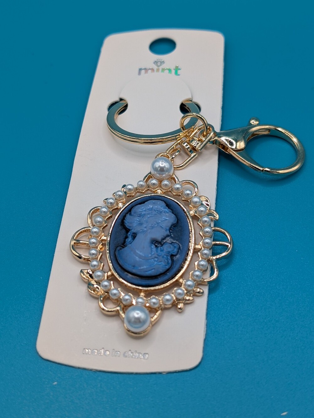 Mint Gold-Tone Cameo Keychain/Bagcharm with Blue Center and Pearl Trim